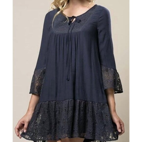 ANDREE BY UNIT Dresses & Skirts - Women L Navy Blue Tiered Cottagecore Dress Lace Bell Sleeve Boho Hippie Fall